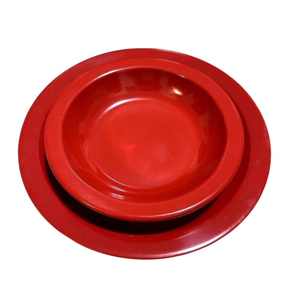 Vintage Dallas Ware Red Melamine Dinner Plate and Bowl Set 2pc Retro MCM USA